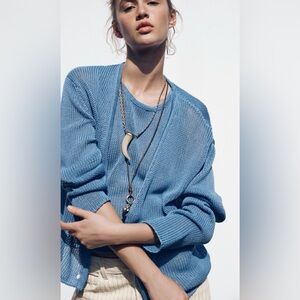 Zara blue knit cardigan tank top Blue Sweater Set twinset set crochet